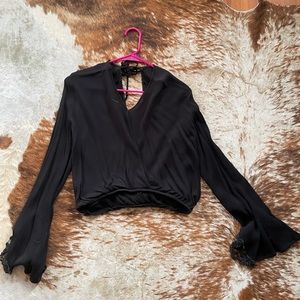 Black V-Neck Bell Sleeve Boho Blouse